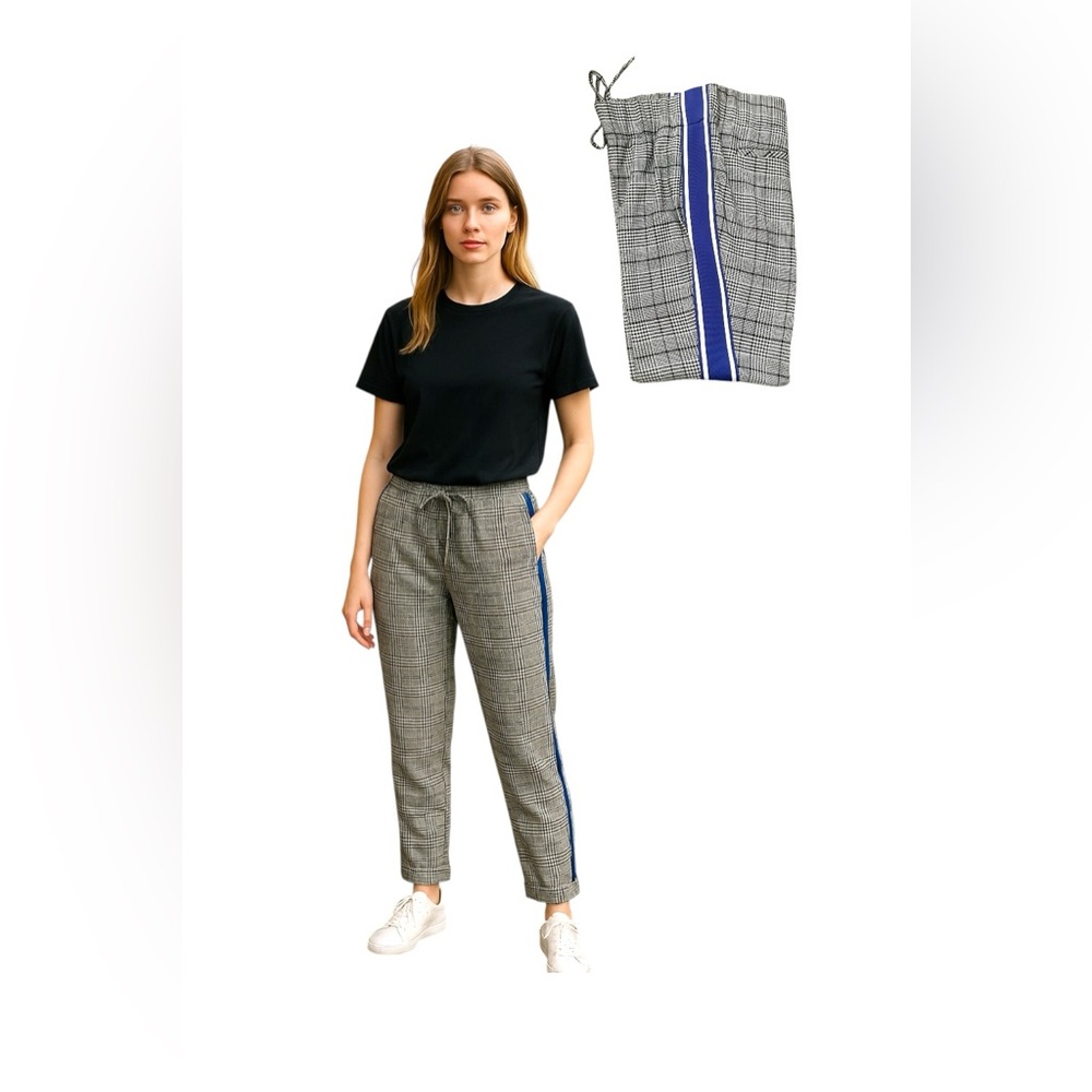 Belle Verne black White Check Trouser Pant L Women  Blue Stripe‎ College Preppy